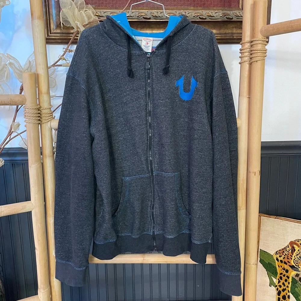 Y2K True Religion Raised Spellout Full Zip Hoodie Charcoal Blue Men’s 2XL🧡🎀